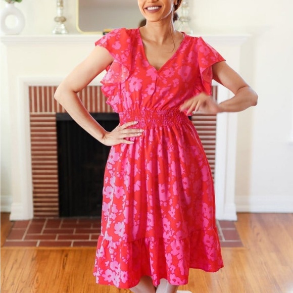 NEW Remember Me Red & Pink Floral Print Smocked Waist Midi Dress - Picture 3 of 14